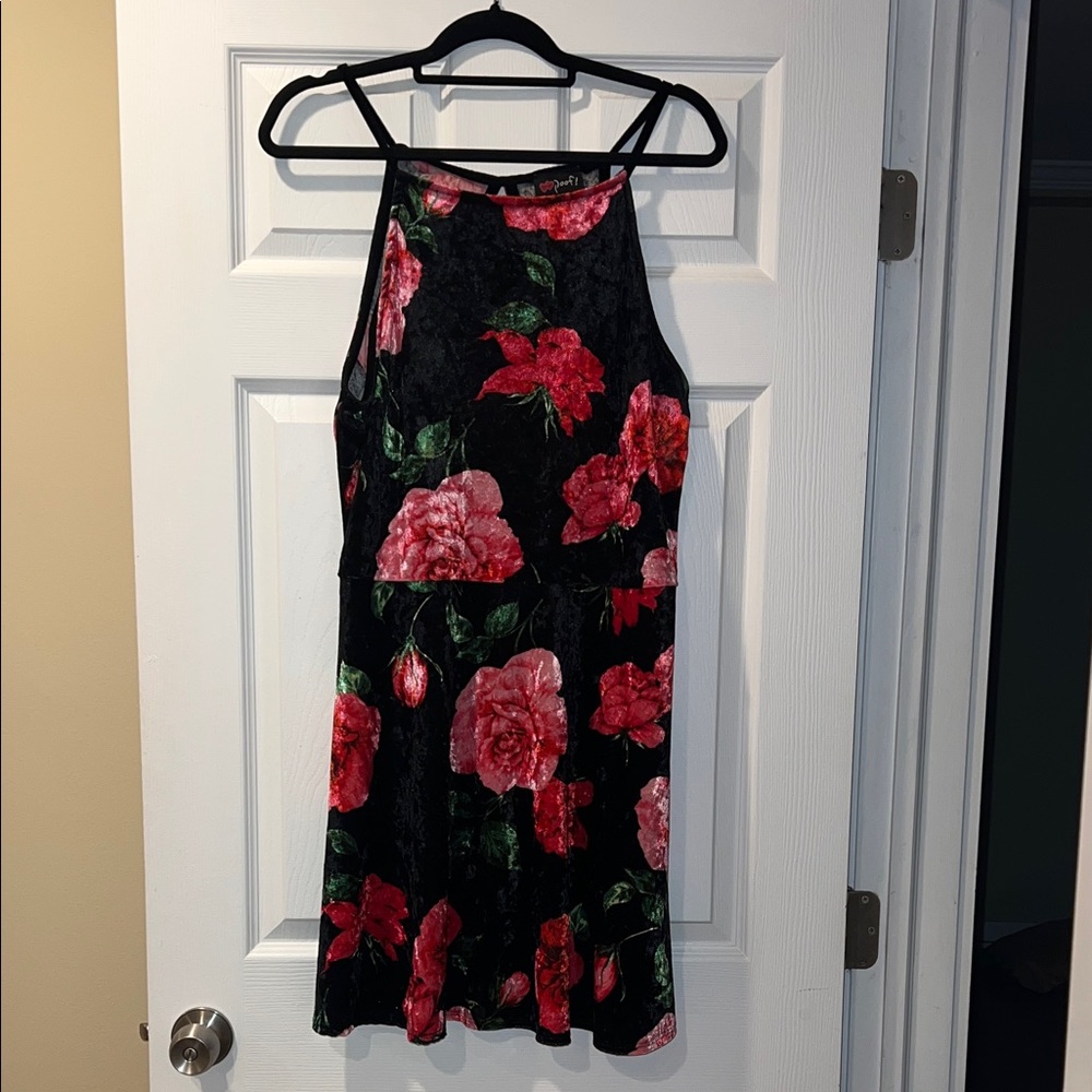 Floral Halter Skater Dress with Red and Pink Roses